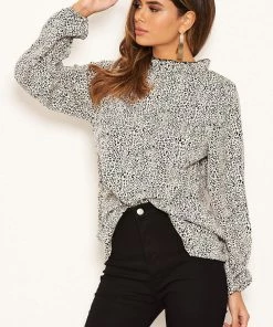 AX Paris Cream Animal Print Ruffle High Neck Top