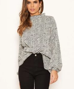 AX Paris Cream Animal Print Ruffle High Neck Top