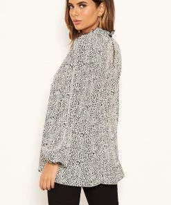 AX Paris Cream Animal Print Ruffle High Neck Top