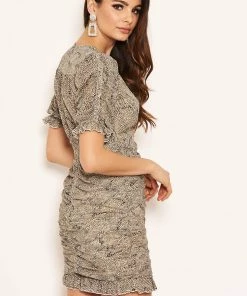 AX Paris Cream Printed Ruched Front Dress