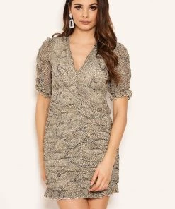 AX Paris Cream Printed Ruched Front Dress