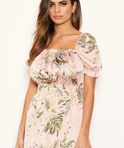 AX Paris Pink Floral Milkmaid Puff Sleeve Dress Dresses
