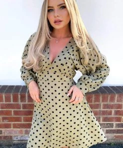 AX Paris Khaki Polka Dot V Neck Dress Dresses