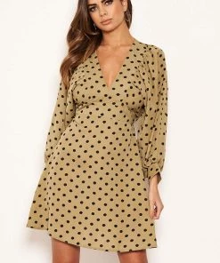 AX Paris Khaki Polka Dot V Neck Dress Dresses