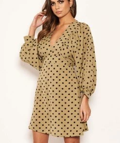 AX Paris Khaki Polka Dot V Neck Dress Dresses