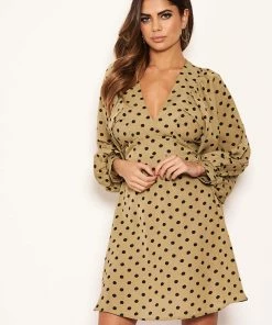 AX Paris Khaki Polka Dot V Neck Dress Dresses