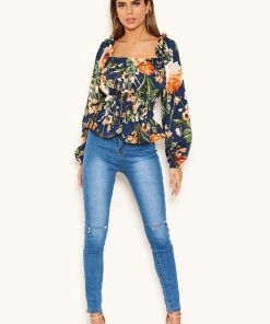 AX Paris Navy Floral Square Neck Top Tops