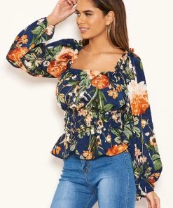 AX Paris Navy Floral Square Neck Top Tops