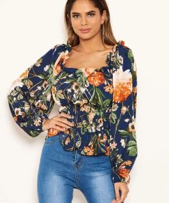 AX Paris Navy Floral Square Neck Top Tops