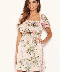 AX Paris Pink Floral Milkmaid Puff Sleeve Dress Dresses