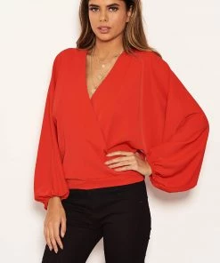 AX Paris Tops Red Wrap Batwing Sleeve Top