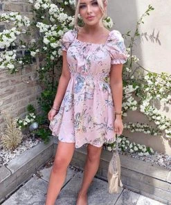 AX Paris Pink Floral Milkmaid Puff Sleeve Dress Dresses